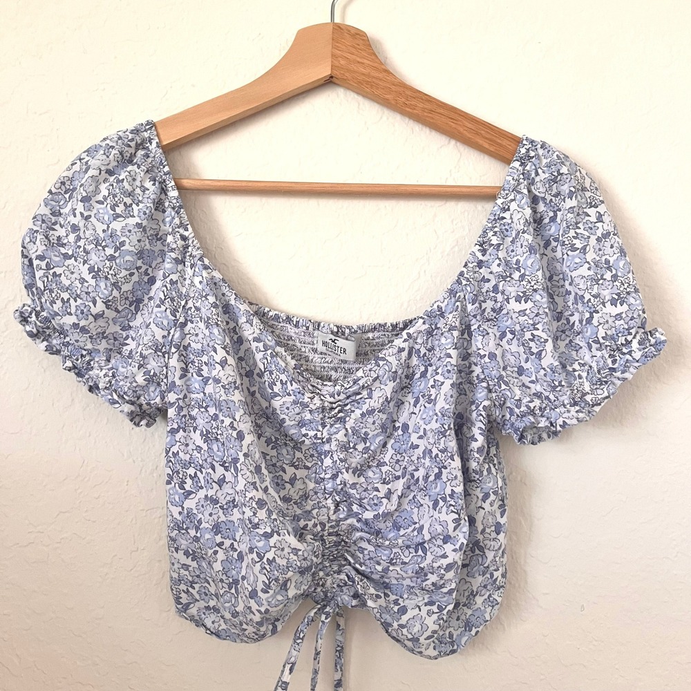 Hollister Crop Top Womens Large Blue Floral Puff Sleeve Ruched Smocked Festival